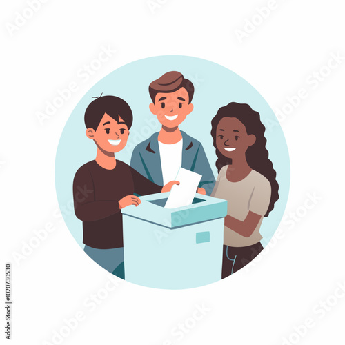 Cheerful young friends happily voting at a ballot box with smiles and enthusiasm