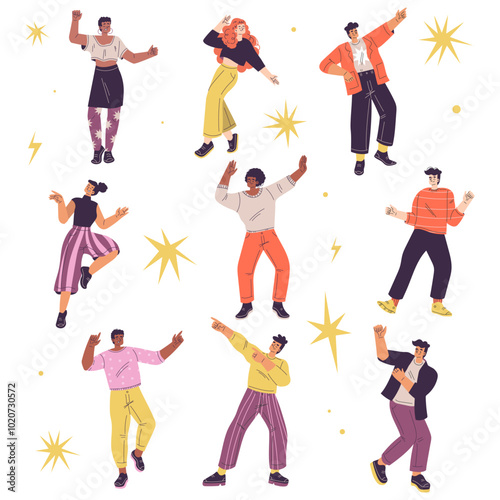 Dancing People Character in Rhythmic Movement Pose Vector Set