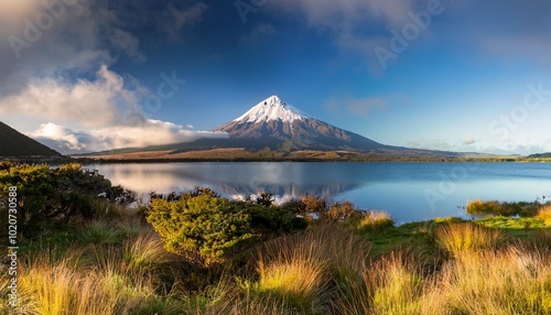 taranaki volcano landscape over lake mangamahoe new zealand