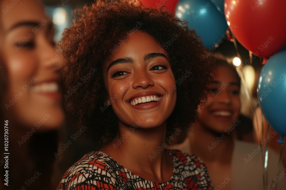 smiling woman with curly hair at a party smiling woman with curly hair at a party