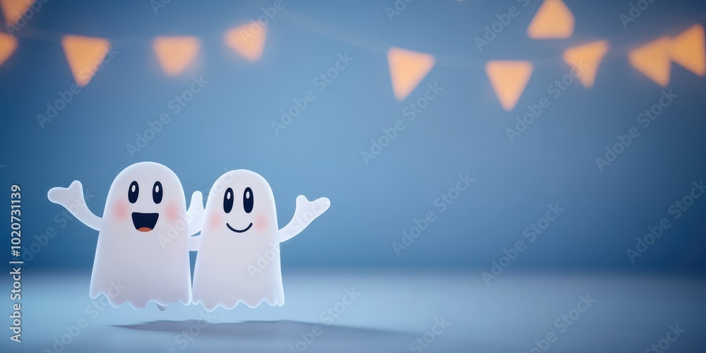 Obraz premium Two cheerful ghost figures with happy expressions, decorated with festive lights in a playful Halloween setting.