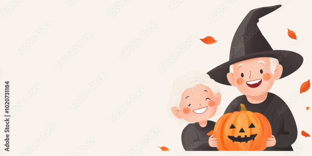 Two cheerful kids in Halloween costumes holding a carved pumpkin, surrounded by autumn leaves and a festive atmosphere. Two cheerful kids in Halloween costumes holding a carved pumpkin, surrounded by autumn leaves and a festive atmosphere.