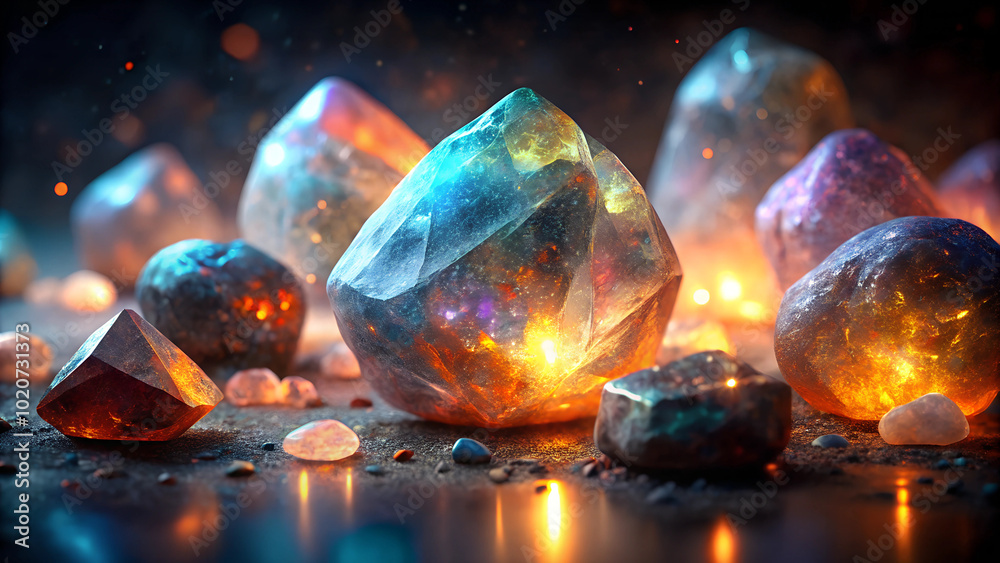 Magical sparkling crystals with glowing colors scattered on a mystical surface
Magical sparkling crystals with glowing colors scattered on a mystical surface