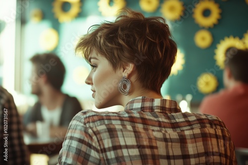 woman with short wavy hair in plaid shirt