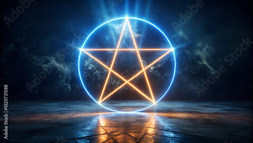 Magical glowing pentagram symbol surrounded by neon light in a mystical setting
