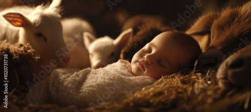 Peaceful baby Jesus in manger surrounded by animals