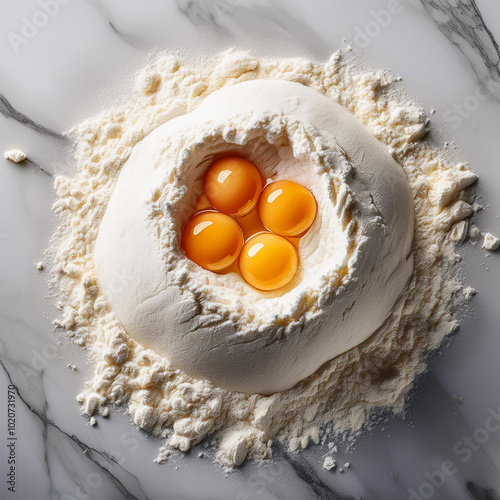 Fotografia gastronômica. Receita de bolo, pão. Uma monte de farinha de trigo branquinha, com ovos, clara e gema no centro da massa. Delicias, gastronomia. 