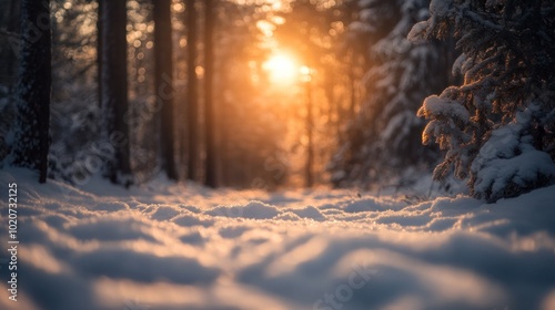 Golden Hour in a Snowy Forest