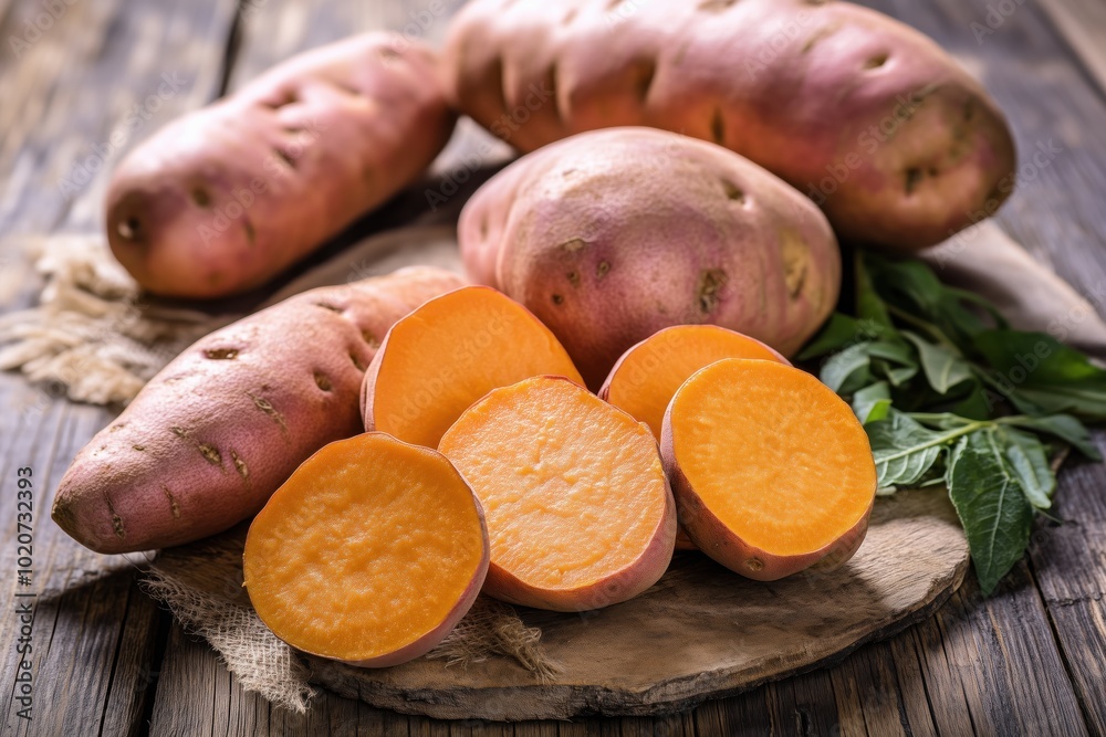 Raw sweet potatoes on wooden background Raw sweet potatoes on wooden background