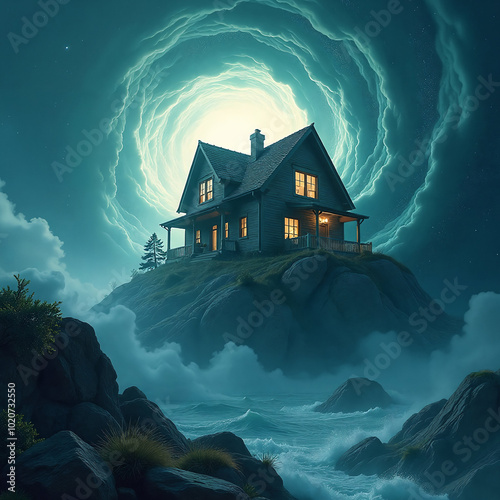 The house flies in the center of the vortex flow from the hurricane, moonlit night, conceptual mystical illustration after the storm