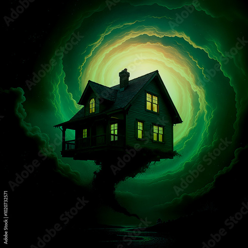 The house flies in the center of the vortex flow from the hurricane, moonlit night, conceptual mystical green illustration after the storm photo