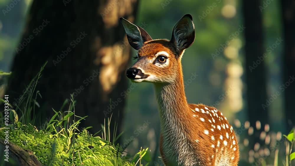 A young deer stands amidst lush greenery in a serene forest setting. A young deer stands amidst lush greenery in a serene forest setting.
