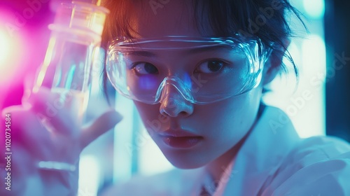 young scientist in lab coat and goggles