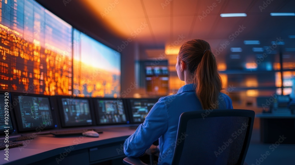 woman monitoring computer screens in control room woman monitoring computer screens in control room
