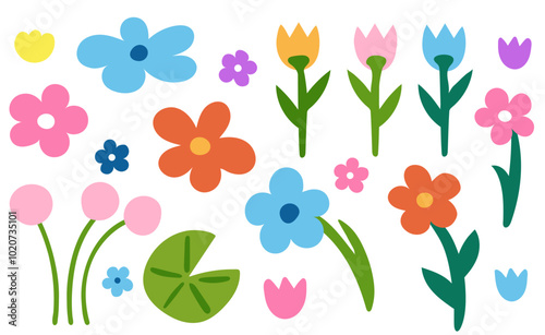 Vector flowers in various shapes and colors: blue, orange, pink, purple, & yellow. Perfect for floral designs, patterns, and decorations in print and digital projects. High-quality, scalable graphics.