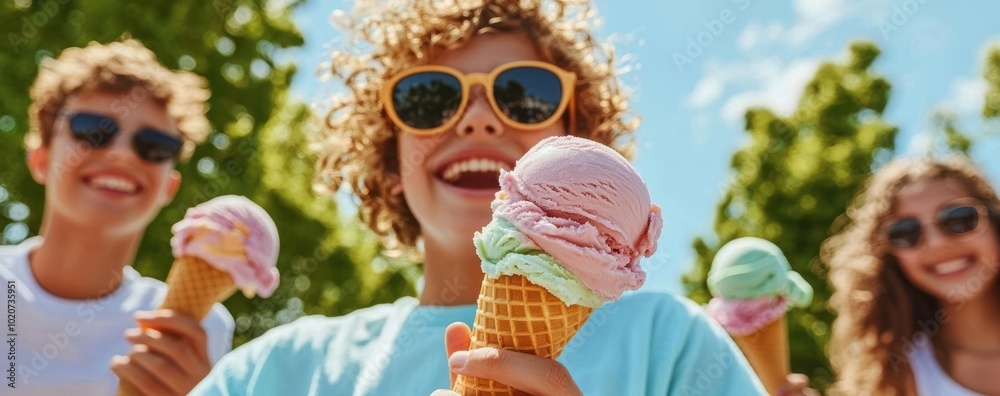Joyful kids enjoying ice cream cones on a sunny day. Joyful kids enjoying ice cream cones on a sunny day.