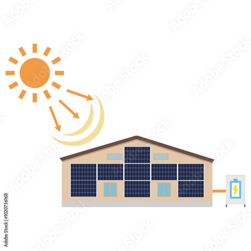 家の壁に設置したソーラーパネルを使った太陽光発電システムのイラスト