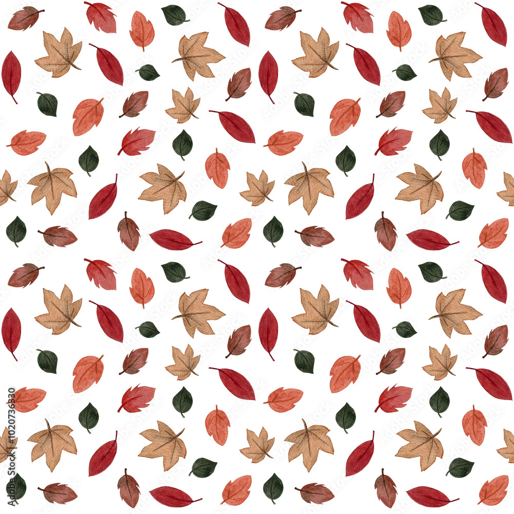 Fototapeta premium Watercolor seamless pattern of fall leaves.Autumn background.Colorful foliage.