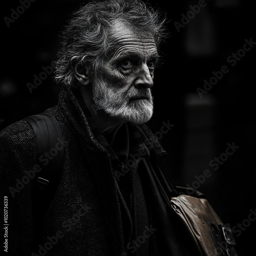 An older poor, homeless, beggar man with a beard holding a book in black and white