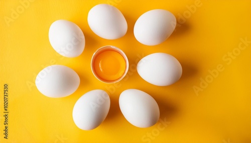 white eggs and egg yolk on the yellow background topview