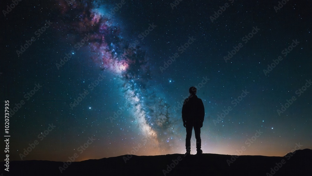Silhouetted person observing colorful galaxy at night with vibrant nebula in background Silhouetted person observing colorful galaxy at night with vibrant nebula in background