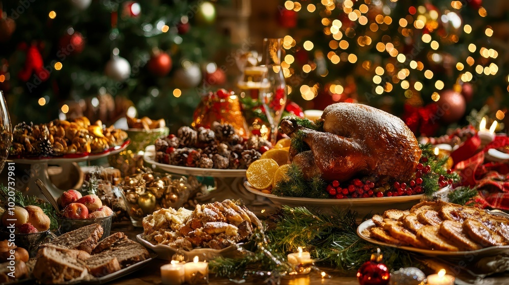 Lavish Christmas dinner spread with turkey, desserts, and holiday decor Lavish Christmas dinner spread with turkey, desserts, and holiday decor