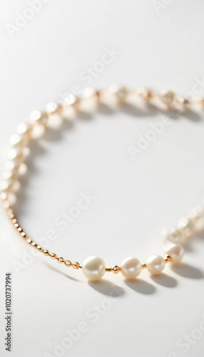 Close-up of an elegant pearl necklace or bracelet with a delicate gold chain placed on a soft, blurred background. Perfect for weddings, fashion, and luxury accessories.