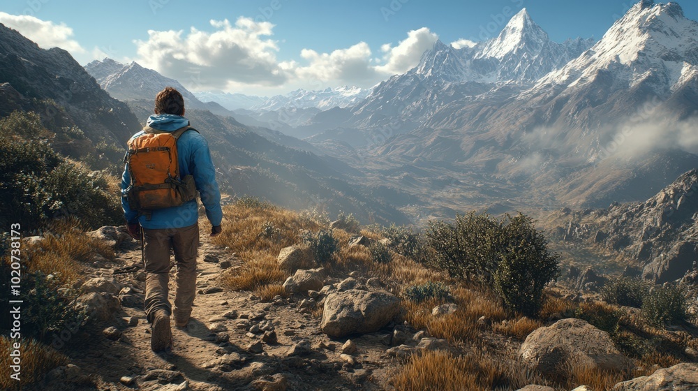 Hiker exploring majestic mountain landscape Hiker exploring majestic mountain landscape