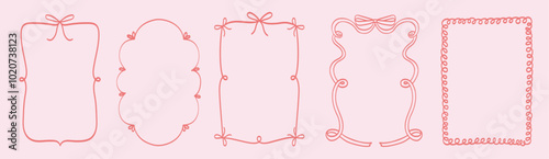 Vintage bows frame with laces for greeting cards, wedding and birthday party, picnic invitations in cute elegant coquette style. Hand drawn ribbons border illustration for social media template.
