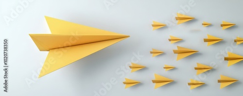 A group of small yellow paper airplanes follows a larger yellow airplane, symbolizing leadership and teamwork in a creative arrangement. photo