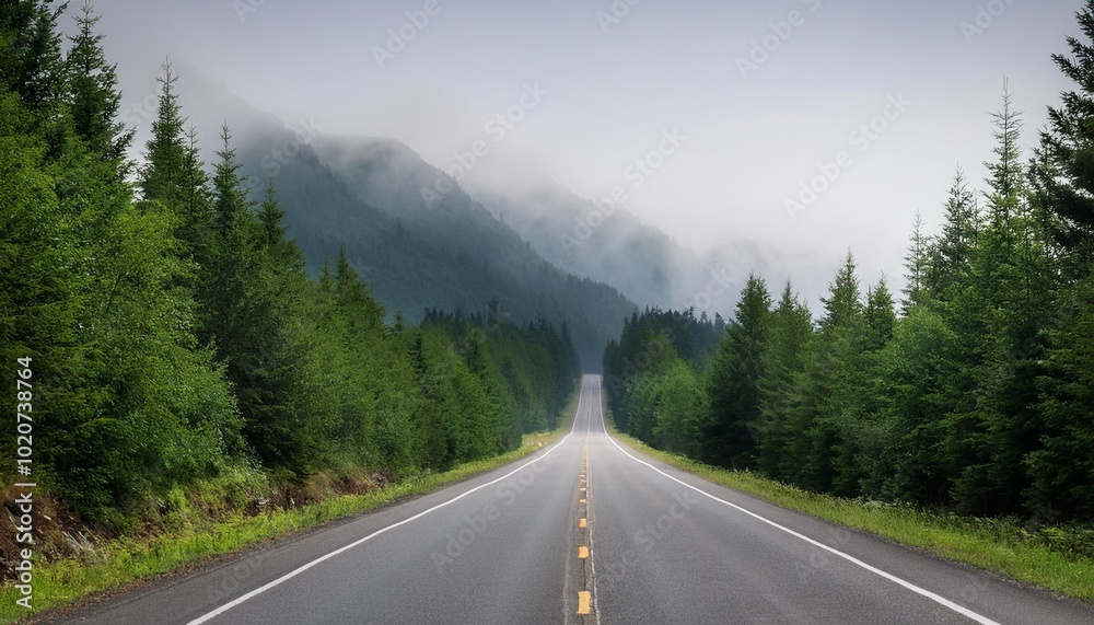 Naklejka premium a long straight road surrounded by green trees and foggy mountains in the distance