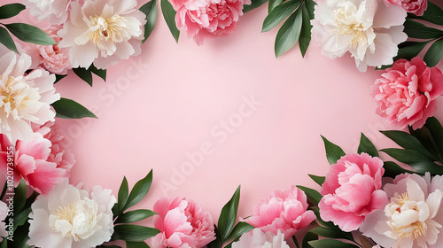 Beautiful flowers arranged in a circular frame on a pink background.