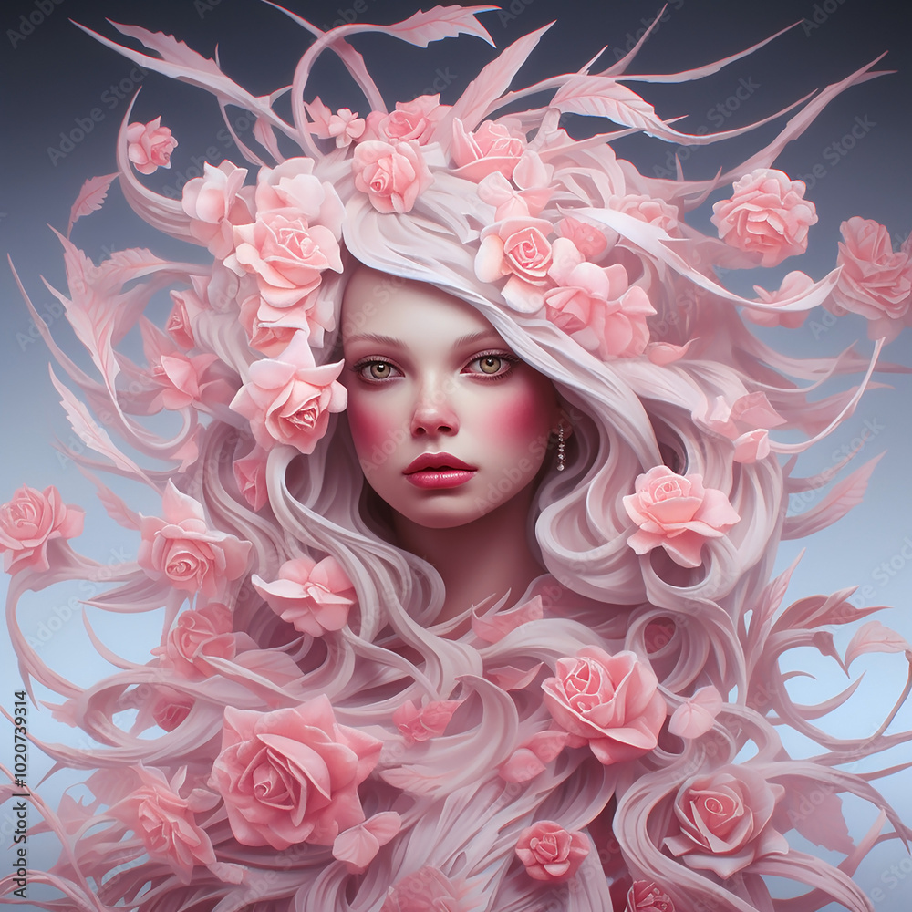 Beautiful young blonde girl with white hair with pink roses Beautiful young blonde girl with white hair with pink roses