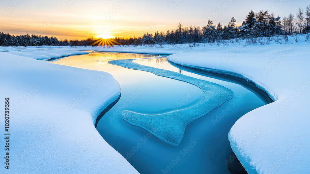 Fototapeta premium Beautiful snowy river landscape with frozen banks and sunset glow.