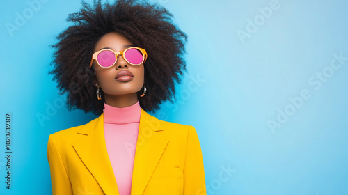 stylish woman with afro hairstyle wearing bright yellow blazer and pink sunglasses stands confidently against vibrant blue background.