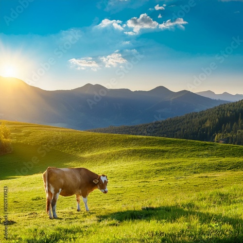 a cow grazing on the green grass of the fields