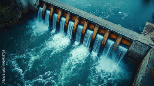 Powerful water rushing through dam structure, hydropower facility showcasing renewable energy, infrastructure, and water management in action, sustainable energy production in modern engineering photo