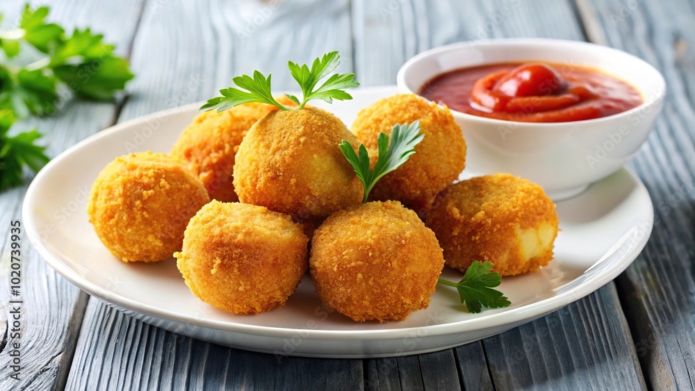 French cheese potato croquettes with ketchup on white plate on background French cheese potato croquettes with ketchup on white plate on background