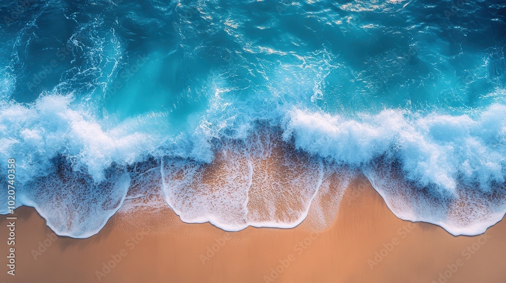 High-angle view of crashing ocean waves on sandy beach, vibrant turquoise water, natural coastal scenery, perfect for tropical vacations and nature-inspired relaxation High-angle view of crashing ocean waves on sandy beach, vibrant turquoise water, natural coastal scenery, perfect for tropical vacations and nature-inspired relaxation