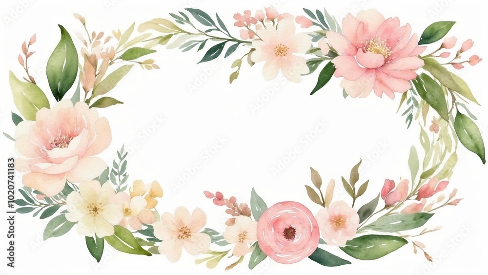 Obraz premium Romantic Floral Wreath with Gentle Blossoms in Soft Pastel Watercolor with Copy Space