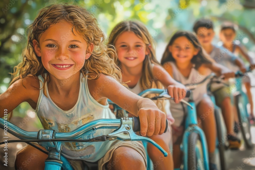 Obraz premium happy children riding bicycles in nature