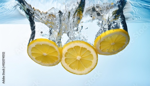 fresh lemon slices splashing into clear water