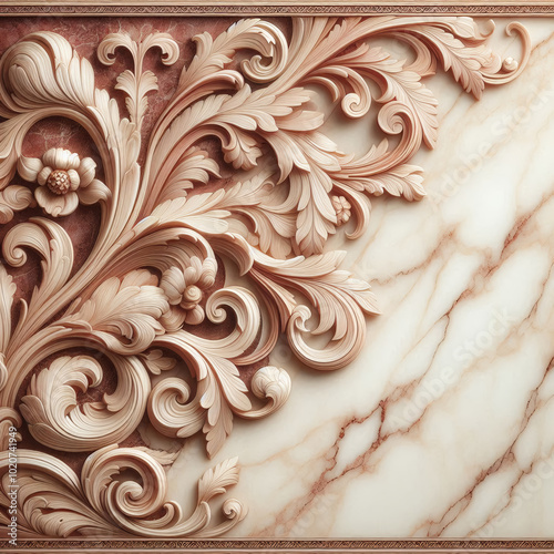 Marble background on background with intricate mahogany floral pattern on right side