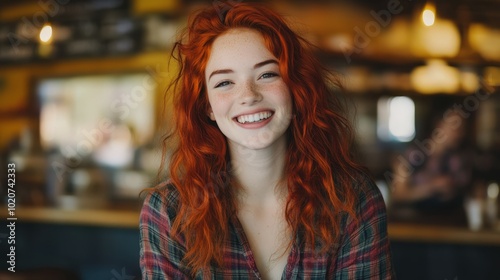 Smiling redhead woman with wavy hair photo