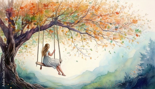 Frau in weißen Kleid mit lange Haare schaukelt auf eine alte Baum mit bunten Blätter im Herbst. 