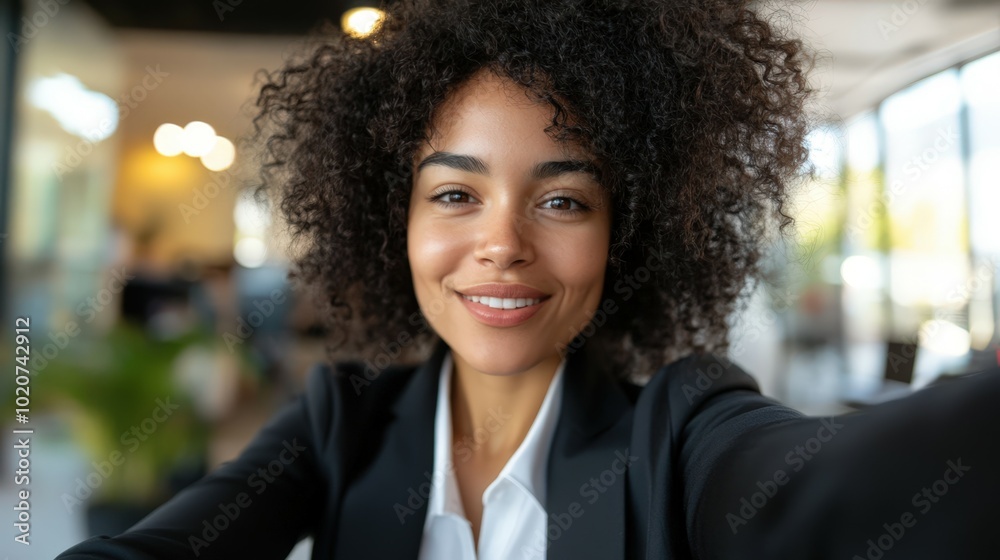 Confident woman with curly hair smiling in office Confident woman with curly hair smiling in office