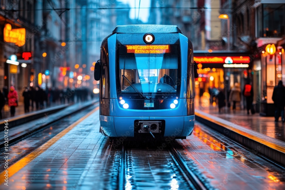 A modern tram effortlessly glides along a bustling city street as rain gleams on wet surfaces, creating a striking image of urban life and efficiency. A modern tram effortlessly glides along a bustling city street as rain gleams on wet surfaces, creating a striking image of urban life and efficiency.