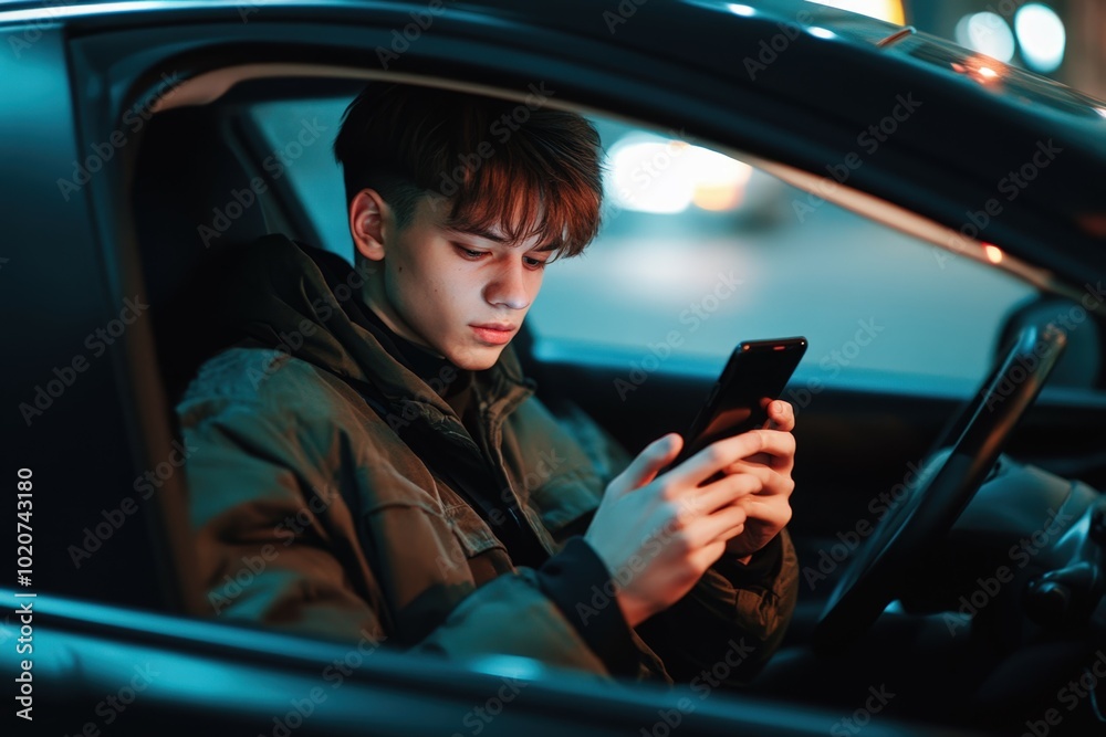 young man using smartphone in car at night young man using smartphone in car at night
