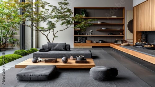 Stylish and modern living room featuring minimalist furniture, natural light, and a serene indoor garden.