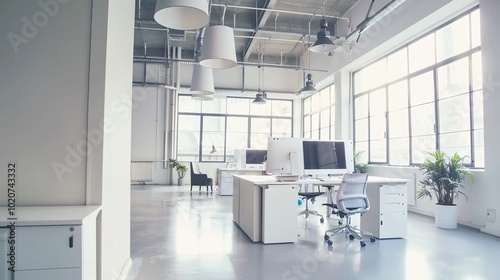Wallpaper Mural A modern office layout showcasing multiple workstations with sleek white tables and gray upholstered booth seating, designed for a contemporary and efficient work environment Torontodigital.ca